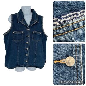 Vintage 90s L.A. Blues Denim Vest 18/20W Blue Gingham Ruffle Trim Button Up Vest